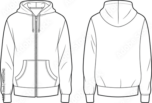 Zipper hoodie sweatshirt technical flat sketch, front and back view, kangaroo pocket, ribbed cuffs, drawstring hood, vector CAD drawing flat illustration