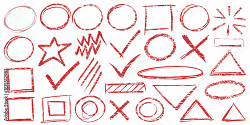 Red grungy checkmarks, circles, crosses, stars, and shapes for marking, highlighting, and reviewing tasks or documents, great for designers and educators