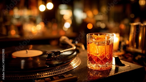 Elegant Whiskey Glass and Vinyl Record Player in Ambient Bar Setting