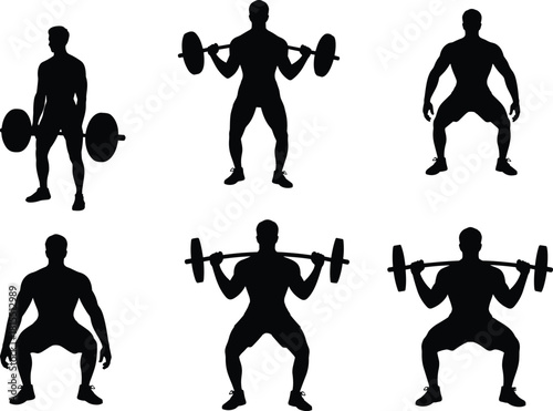 Barbell workout silhouette set showing weightlifting, squatting, overhead press, and fitness poses for gym training and exercise form guidance.