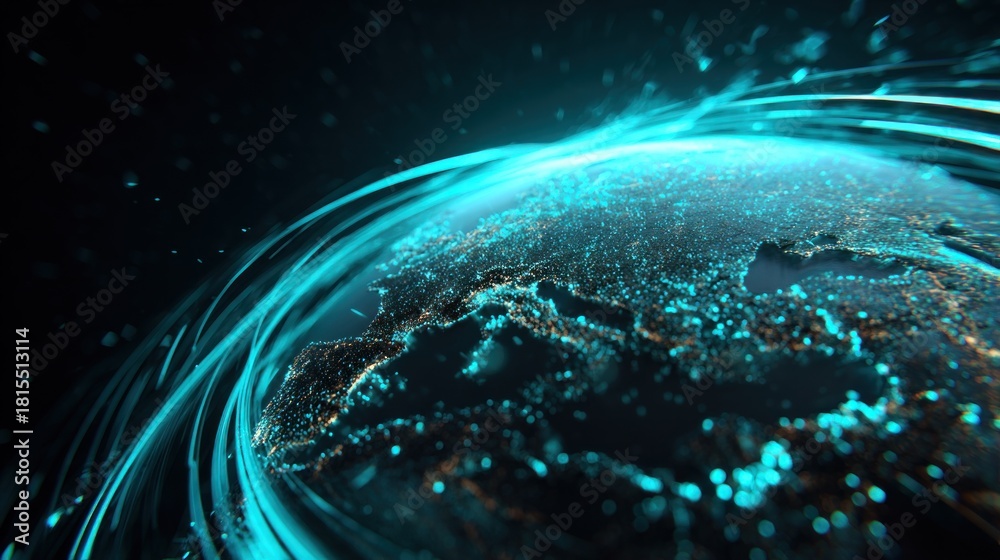 Obraz premium A vibrant, digital representation of Earth, showcasing glowing lines and lights, symbolizing connectivity and technology in a modern context.