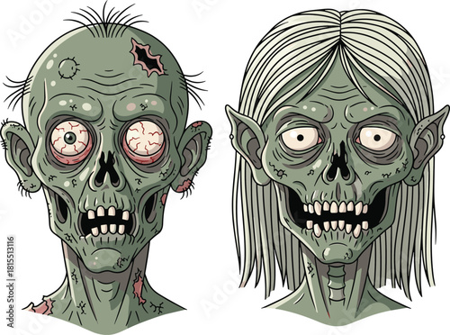Zombie cartoon illustration, horror character design, creepy undead faces, exposed brain, scary monster artwork, stylized drawing, Halloween theme, digital art, eerie expression