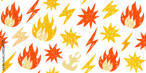 Dynamic seamless pattern design featuring vibrant stars, lightning bolts, and flickering flames for energetic backgrounds and creative projects