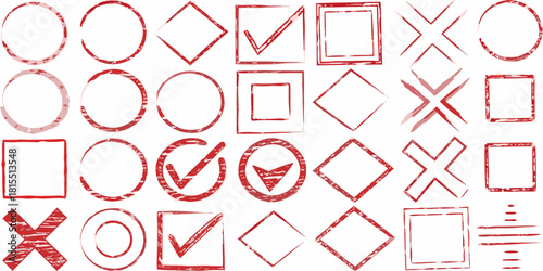 Hand-Drawn Red Check Marks, Crosses, Circles, and Squares for Selection and Task Management in Business and Education Design Projects