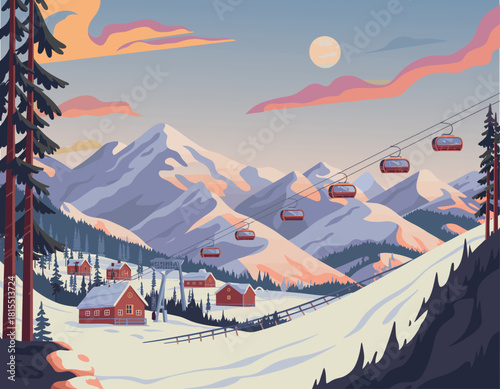 Retro Poster Vintage Ski Vacation, Vector Art Skiing Old Chairlift Design
