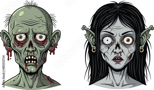 Zombie character illustration, horror artwork, scary undead face, cracked skin, blood dripping, Halloween monster, creepy portrait, stylized drawing, digital art