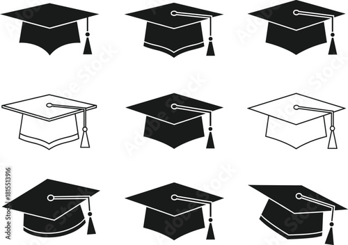 Set of Black Graduation Cap and Mortarboard Silhouette Icons Vector Illustration