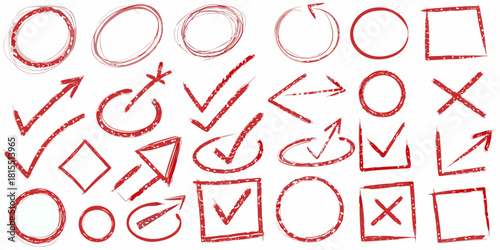 Red hand drawn checkmarks, arrows, crosses, circles, and squares for marking up documents, highlighting corrections, and adding emphasis to text