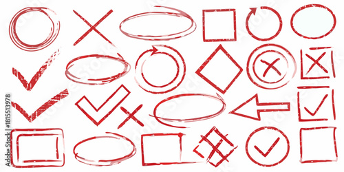 Approve or Reject: Hand Drawn Red Check Marks, Arrows, Circles, Squares, and Crosses for Editing and Feedback, Ideal for Presentations or Reports