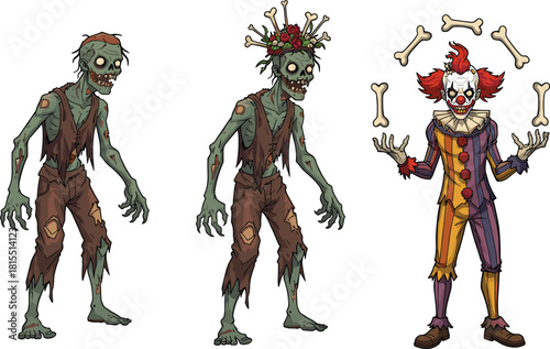 Zombie characters illustration, scary clown artwork, creepy undead design, spooky Halloween cartoon, horror monster drawing, juggling bones clown, funny scary zombie, cartoon horror
