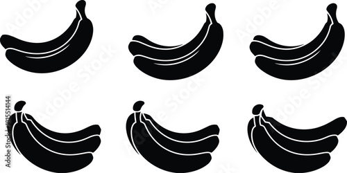 Black banana bunch silhouette set with white outline, fruit icon collection for food design, pattern, counting, and decoration use.
