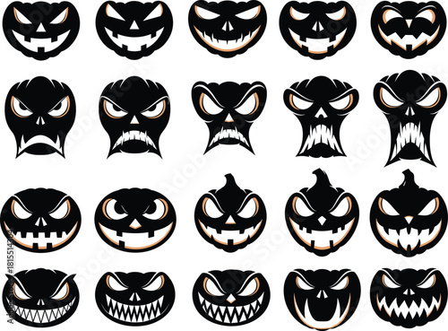 Mega Set of Black Halloween Pumpkin and Jack O Lantern Face Silhouettes Vector Illustration
