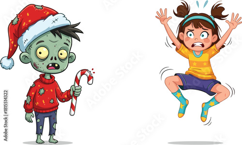 Zombie Christmas cartoon, festive horror child, frightened girl screaming, holiday monster humor, Santa hat zombie, candy cane scare, vector illustration