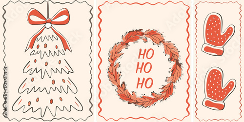 Cheerful festive holiday greeting cards with stylized Christmas tree, wreath, and mittens add warmth to your winter wishes this season