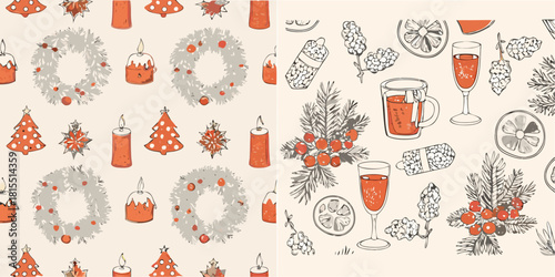 Festive holiday cheer seamless pattern showcasing cozy candles, Christmas trees, winter wreaths, and delightful beverages for seasonal celebrations