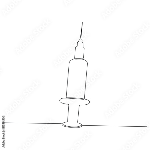 Continuous line drawing of medical syringe and vial simple illustration of vaccine and injection syringe line art vector illustration