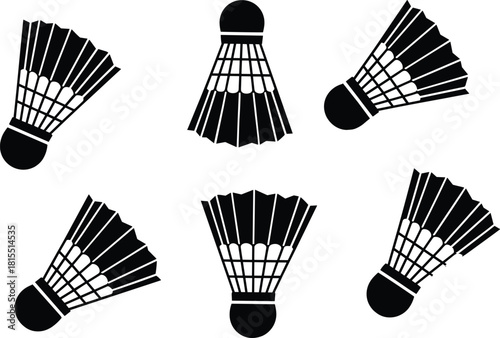 Black shuttlecock silhouettes arranged in circular pattern for badminton-themed vector design, ideal for sports, icon, and logo use