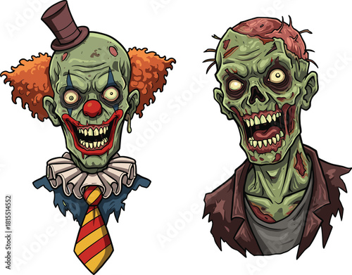 Zombie clown duo, creepy cartoon characters, horror Halloween illustration, scary undead monsters, grotesque faces, glowing eyes, tattered clothes, spooky design