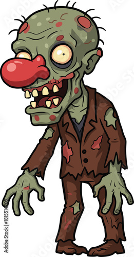 Zombie clown illustration, creepy undead circus character, scary horror artwork, grotesque monster design, decayed clown costume, spooky Halloween cartoon, terrifying undead
