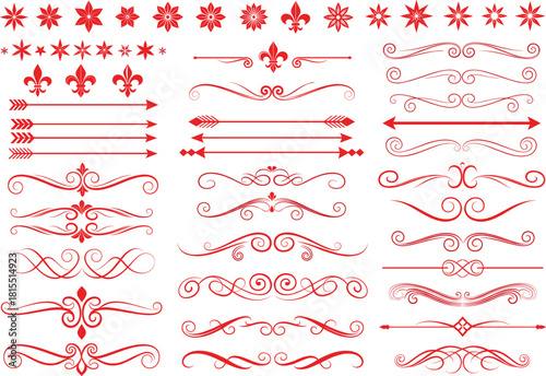 Mega Set of Red Vintage Scroll, Arrow, and Decorative Text Dividers Vector Illustration