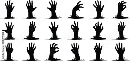 Zombie hands rising from grave silhouettes, creepy horror Halloween design, undead reaching out, spooky Halloween illustration, Halloween vector clipart