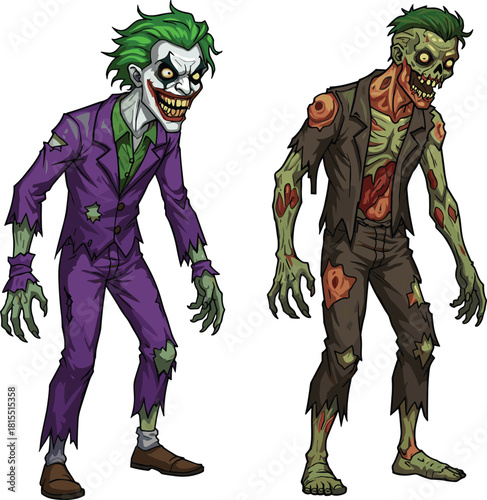 Zombie Joker character, creepy cartoon zombie, horror illustration, Halloween undead artwork, scary monster design, comic style zombie, spooky character art