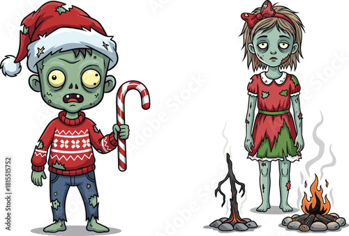 Zombie Santa with candy cane and construction worker girl in safety vest standing near debris festive horror cartoon, cad drawing flat vector illustration