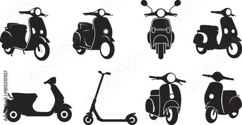 Black Silhouette Scooter Icons Set Featuring Classic Motor Scooters and Electric Kick Scooter for Urban Transport, Mobility, and Vehicle Design