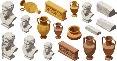 Isometric ancient Greek and Roman artifact collection with classical busts amphora vases marble blocks bronze pottery historical sculpture illustration set