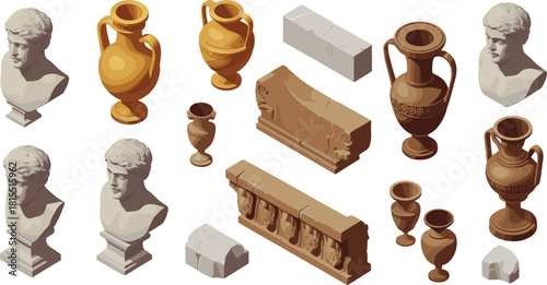Isometric ancient Greek and Roman artifact collection with classical busts amphora vases marble blocks bronze pottery historical sculpture illustration set