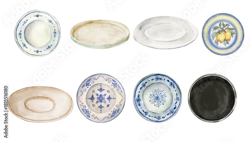 Collection of watercolor illustrated plates, featuring diverse shapes, intricate patterns, and varied designs, perfect for kitchen decor and elegant dining concepts