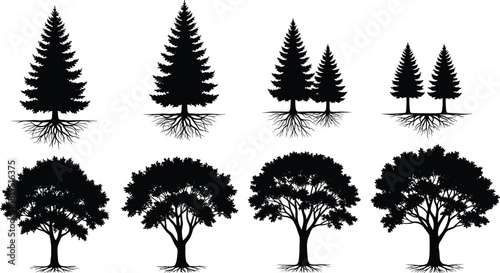 Black silhouette tree icons with roots and canopies, coniferous and deciduous forest elements for ecological, botanical, and nature design themes