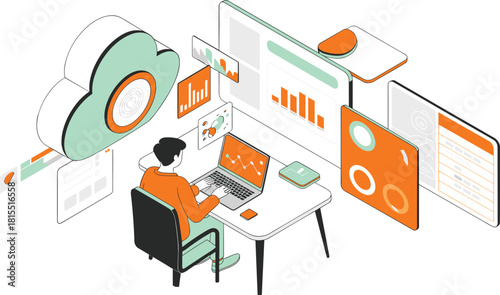Isometric digital workspace with cloud computing analytics dashboard, data visualization screens, remote work concept, modern online technology environment illustration
