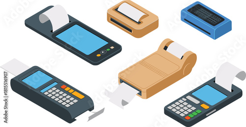 Isometric electronic POS terminal and portable receipt printer illustration set showing modern payment devices, mobile billing machines and transaction tools