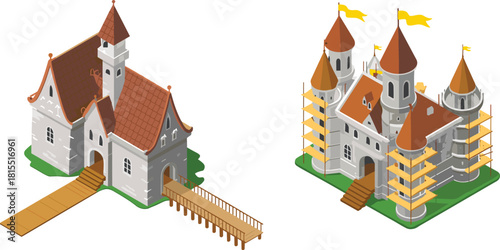 Isometric medieval castle illustration set featuring stone fortresses towers drawbridges scaffolding renovation scene ancient architecture fantasy building vector