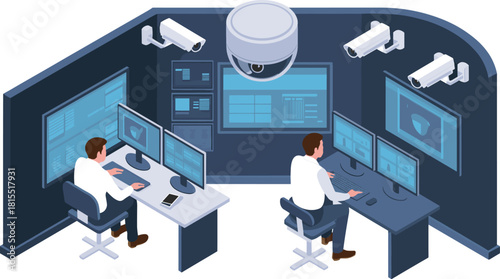 Isometric security operations center with analysts monitoring multiple screens, surveillance cameras, cybersecurity control room technology, real-time data analysis environment