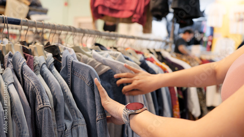 Young teen tourist Gen Z asia female choose look at zero waste eco go green buy second hand sale store flea market thrift old used vintage fabric style. Happy woman city asian people small retail shop