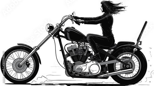 Chopper motorcycle rider speeding on highway with dust trail, dynamic motion lines, vintage bike illustration, freedom and adventure concept art