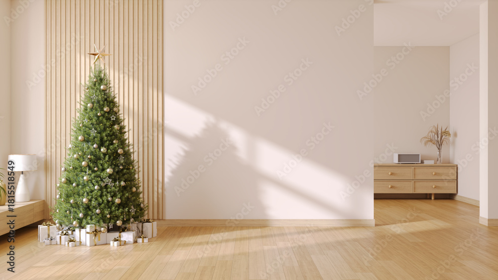 Naklejka premium Minimalist Living Room with Christmas Tree and Gift Boxes , and Wooden Floor ,empty room , white wall ,copy space .3drender