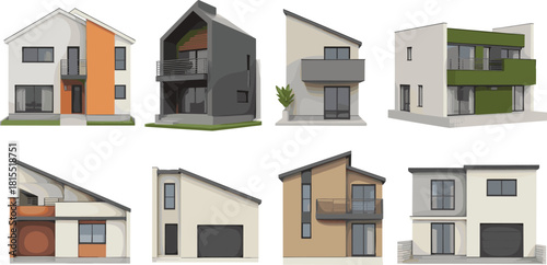 Modern residential house illustration set with contemporary architectural designs, 3D home exterior renders, stylish suburban housing collection vector