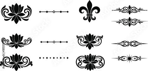 Set of Black Vintage Ornamental Floral and Fleur De Lis Text Dividers Vector Illustration