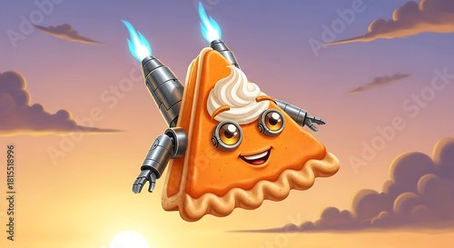 Cartoon pumpkin pie slice with robotic arms and rocket boosters flies through a colorful sky at sunset