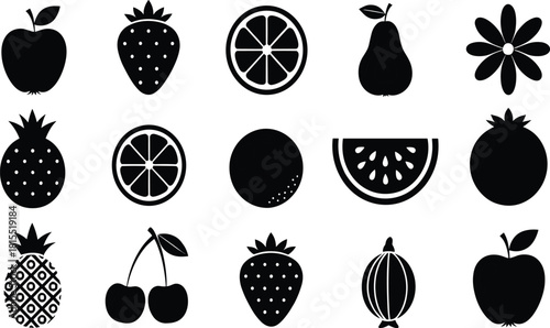 Mega Set of Black Silhouette Fruit and Berry Icons Vector Illustration