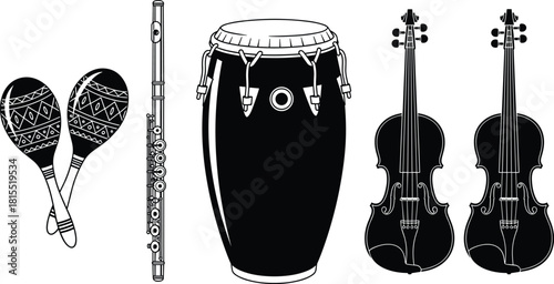 Colorful musical instruments collection with maracas, flute, conga drum, and violins in row isolated on white background vector illustration