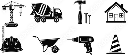 Construction tools and equipment icons set including crane, cement mixer, helmet, drill, house, traffic cone, wheelbarrow, hammer