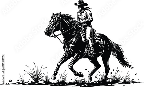 Cowboy riding galloping horse silhouette, western ranch rider vector illustration, wild west cowboy art for logo, tattoo, or decoration design