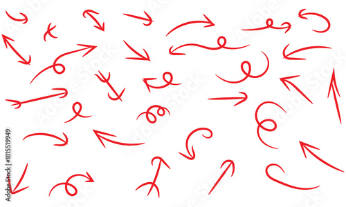 Collection of hand drawn red arrows isolated on