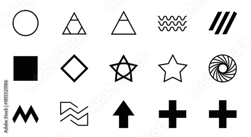 Bold geometric shapes in simple black and white, great for logos and design projects, circle, triangle, square, star, arrow, plus sign, wave and abstract
