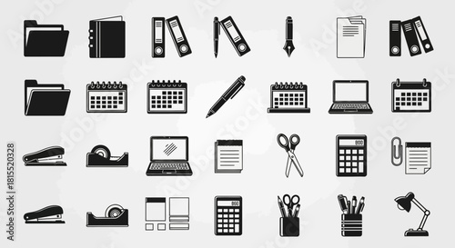 Organized office essentials collection featuring calendar, laptop, stapler, and pen holder, perfect for back to school, remote work, or home office setup