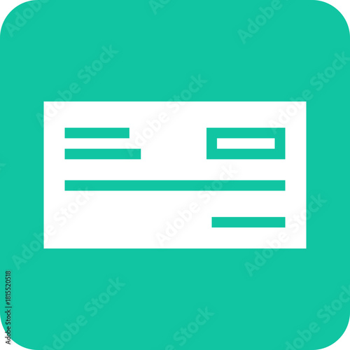 A simple white icon representing a check or bank draft with lines and a box on a teal background